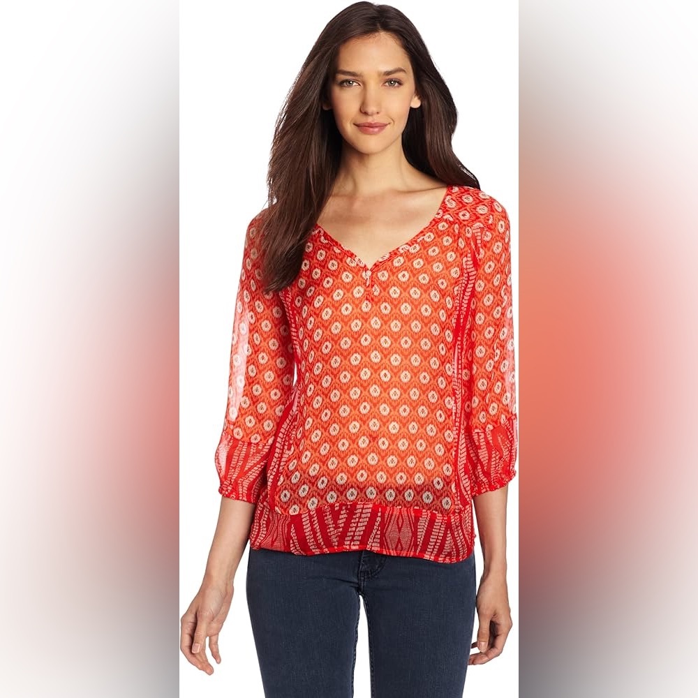 Lucky Brand Caley Mixed Print Orange Sheer Boho Peasant Blouse
